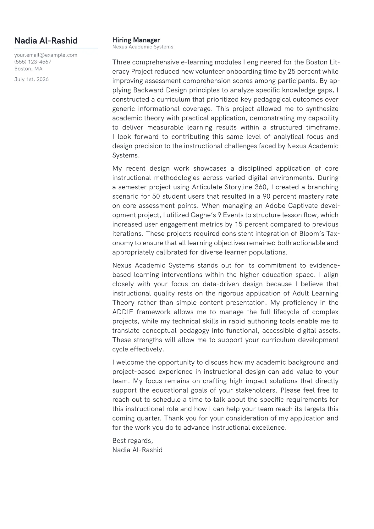 Instructional Designer cover letter in the Margin design