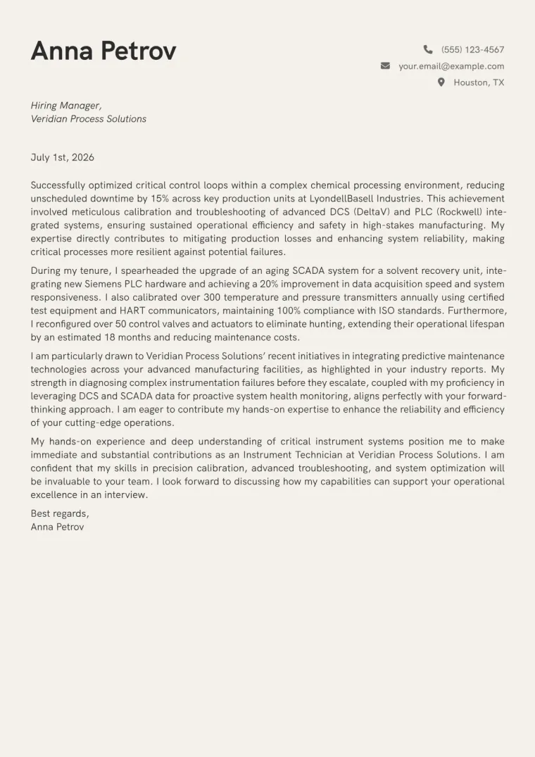 Instrument Technician Cover Letter Example