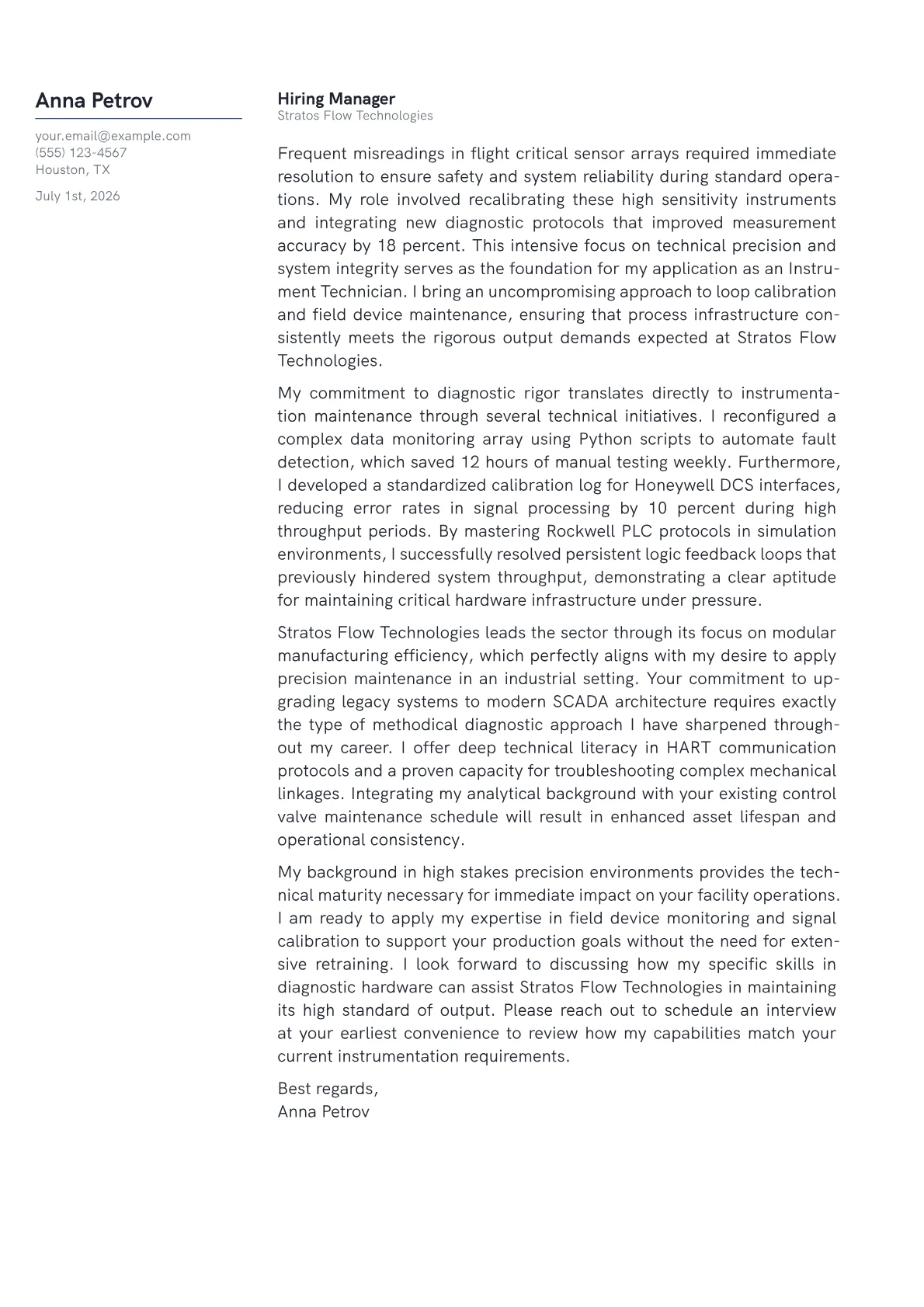 Instrument Technician cover letter in the Margin design