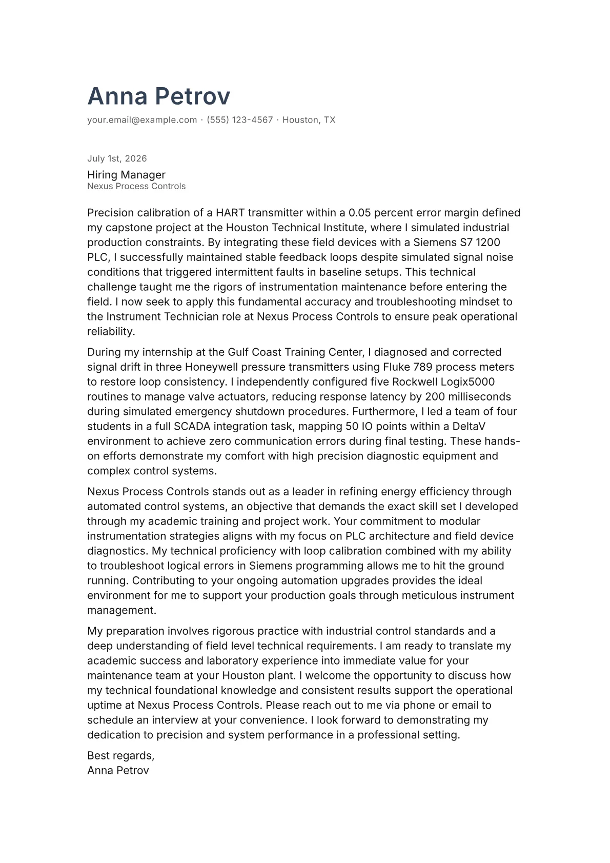 Instrument Technician cover letter in the Minimal design