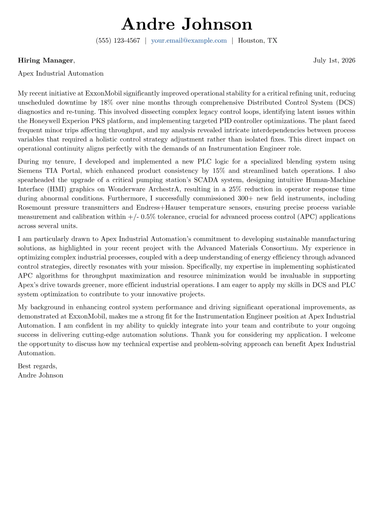 Instrumentation Engineer cover letter formatted with a JobSprout template