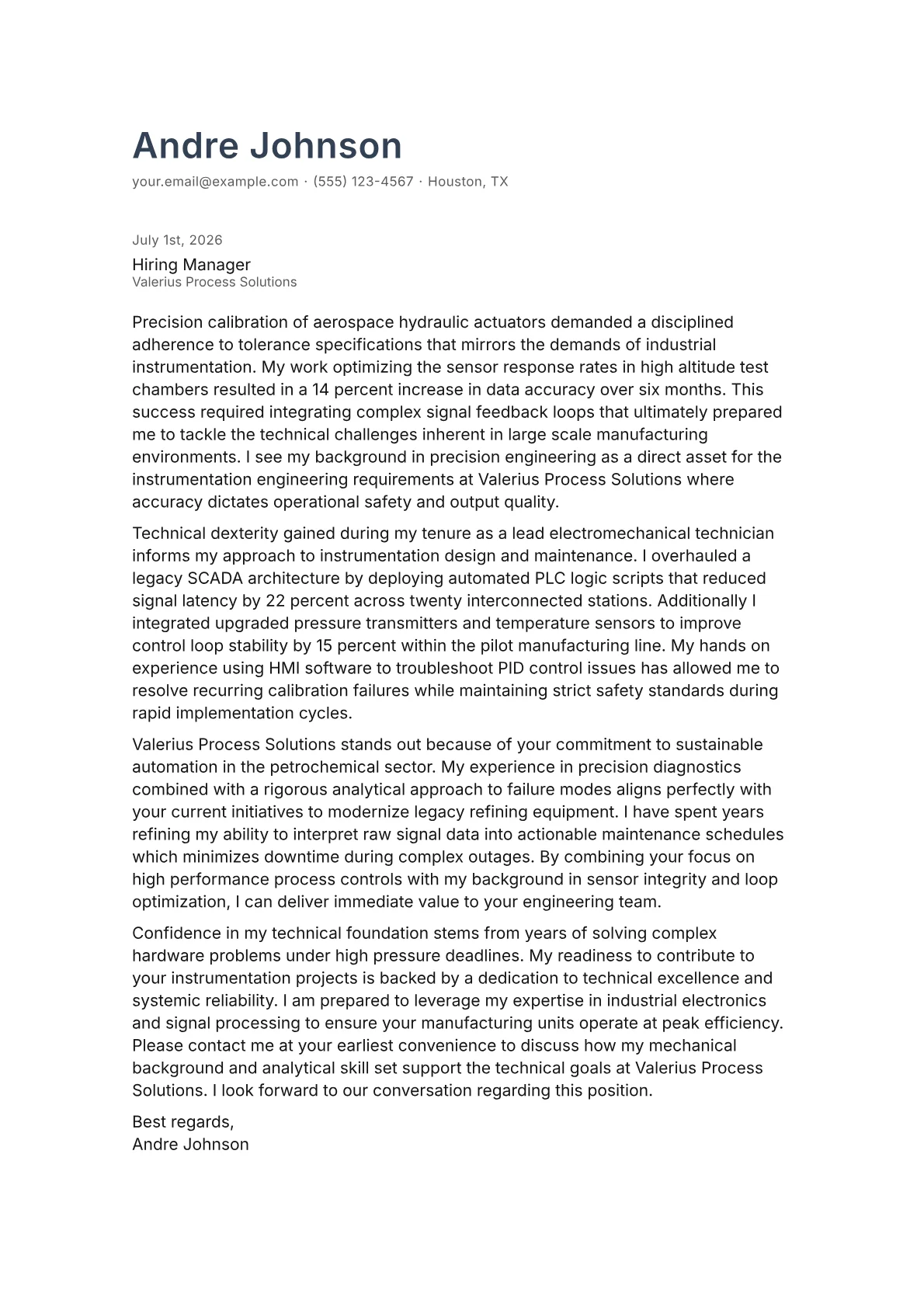 Instrumentation Engineer cover letter in the Minimal design