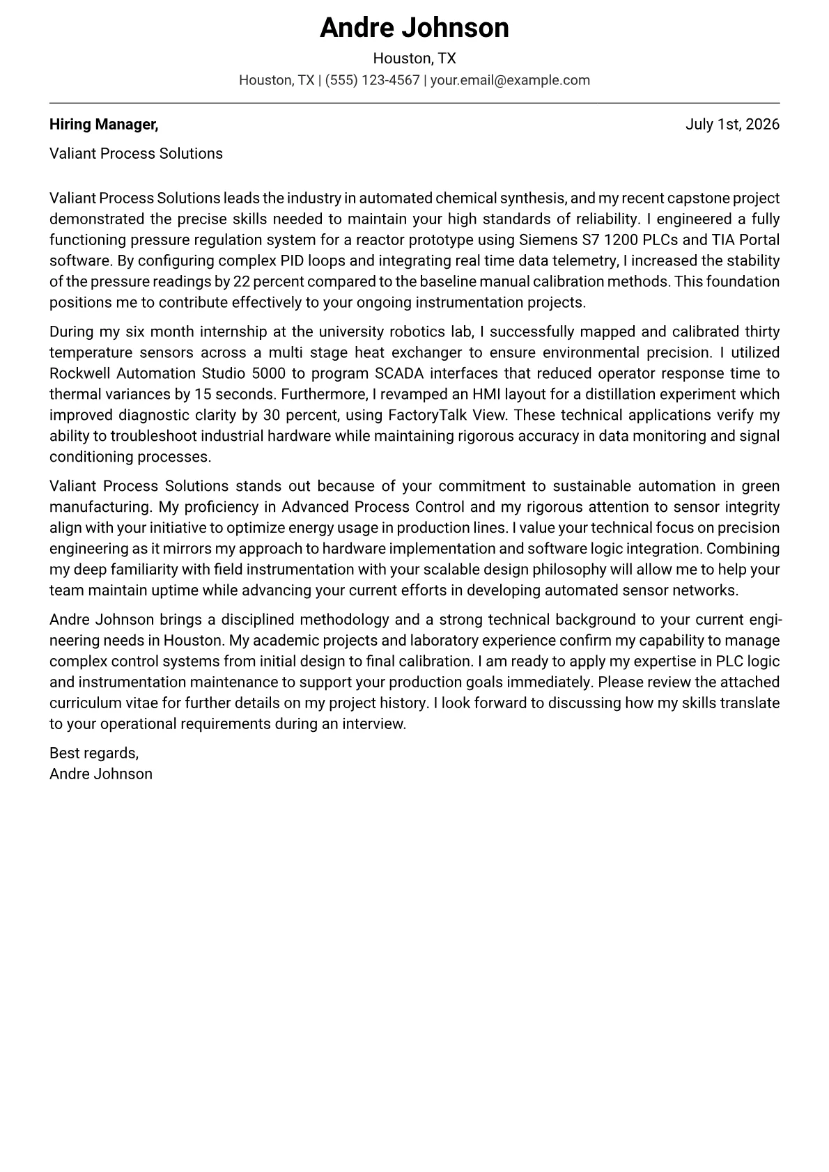 Instrumentation Engineer cover letter in the Modern design