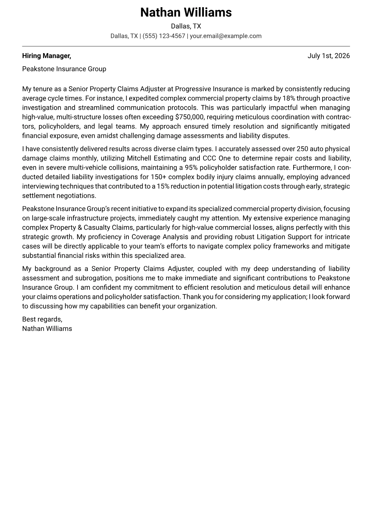 Insurance Adjuster cover letter formatted with a JobSprout template