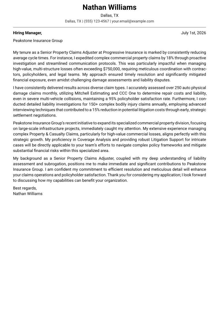 Insurance Adjuster cover letter example preview