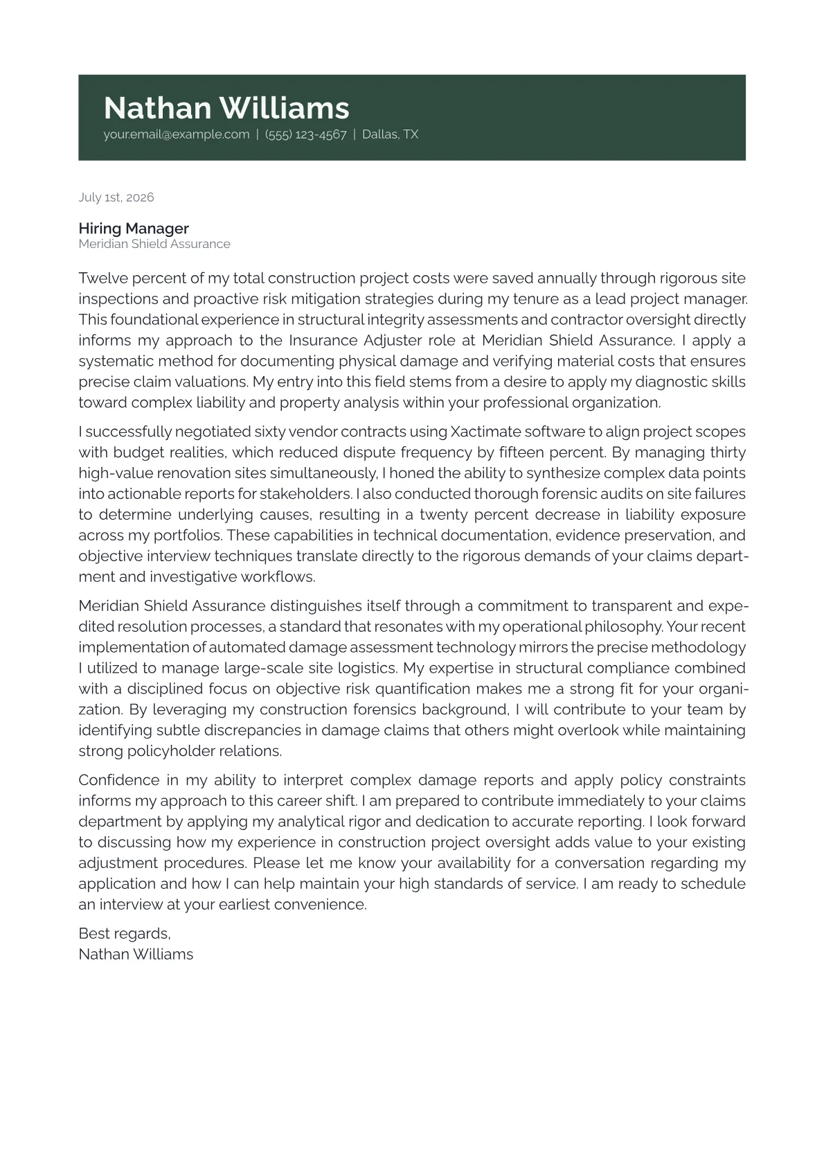 Insurance Adjuster cover letter in the Banner design