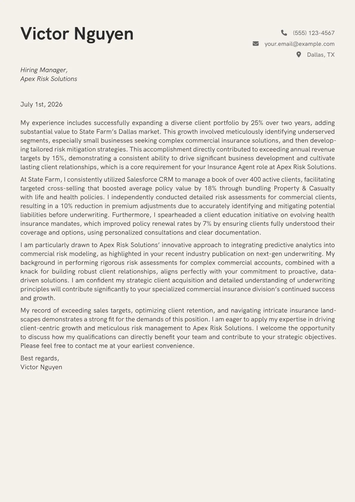 Insurance Agent cover letter formatted with a JobSprout template
