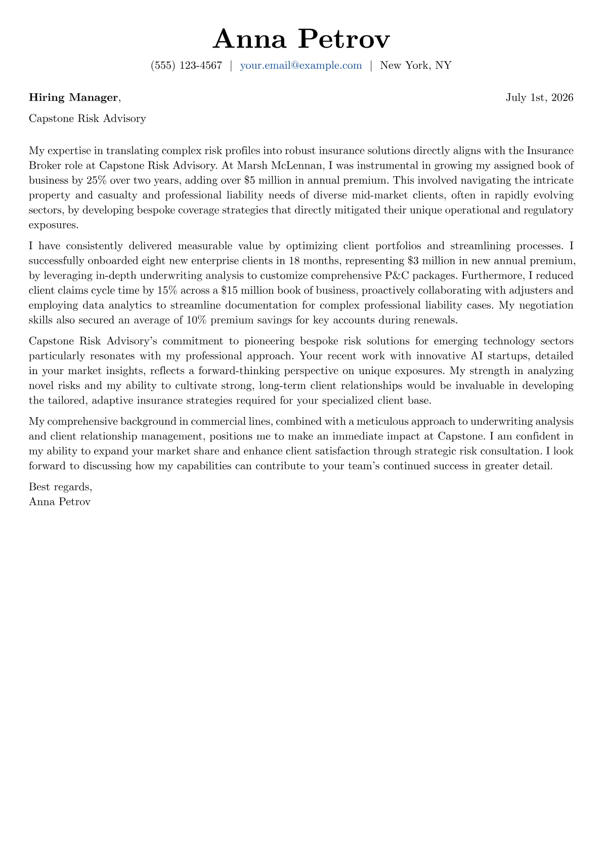 Insurance Broker cover letter formatted with a JobSprout template