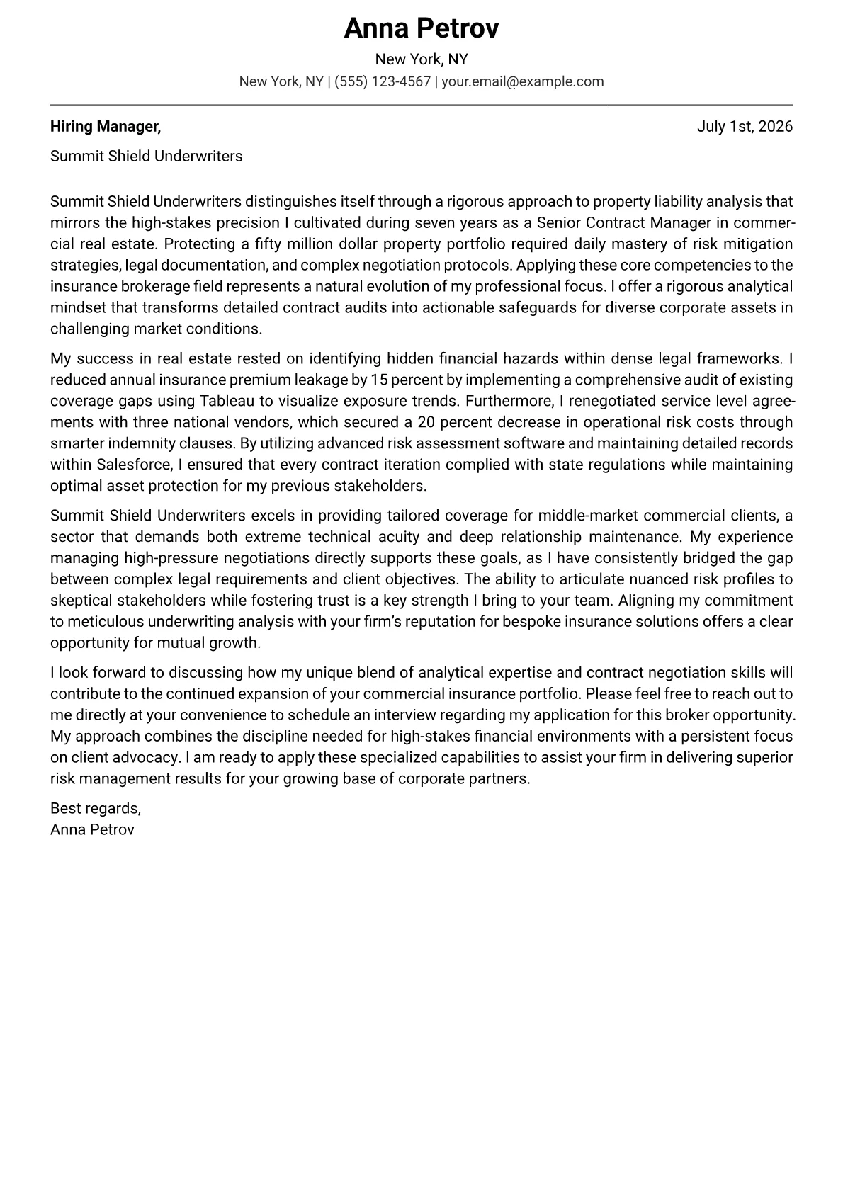 Insurance Broker cover letter in the Modern design