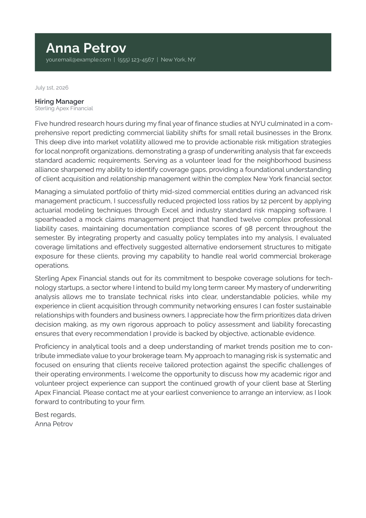 Insurance Broker cover letter in the Banner design