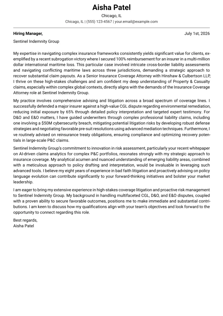 Insurance Coverage Attorney Cover Letter Example