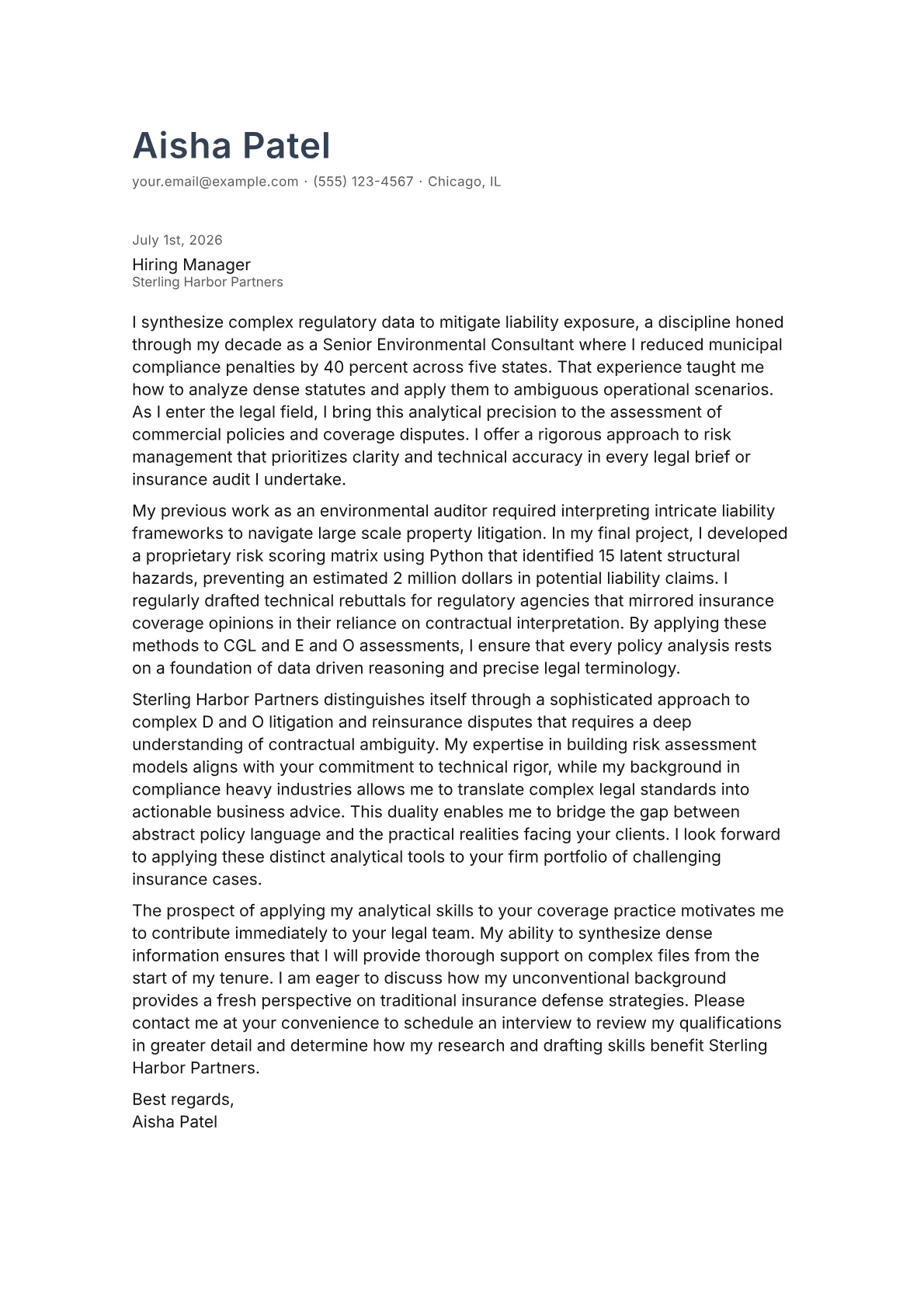 Insurance Coverage Attorney cover letter in the Minimal design