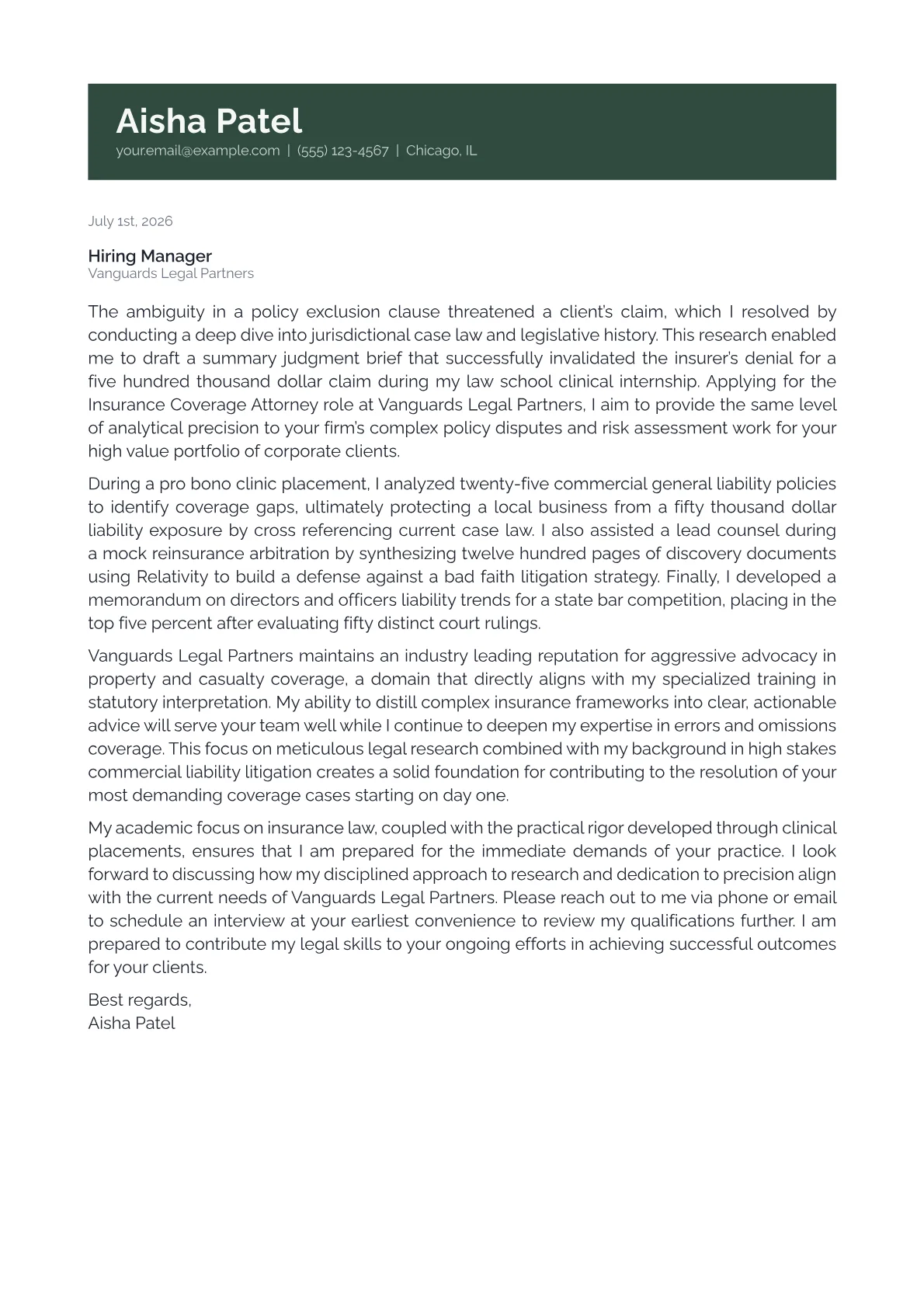Insurance Coverage Attorney cover letter in the Banner design