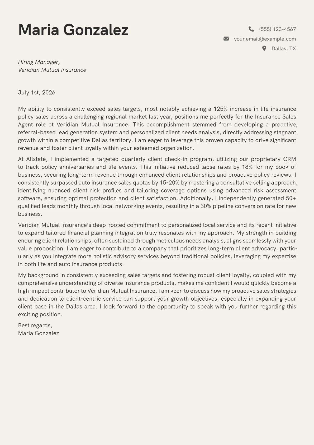 Insurance Sales Agent cover letter formatted with a JobSprout template