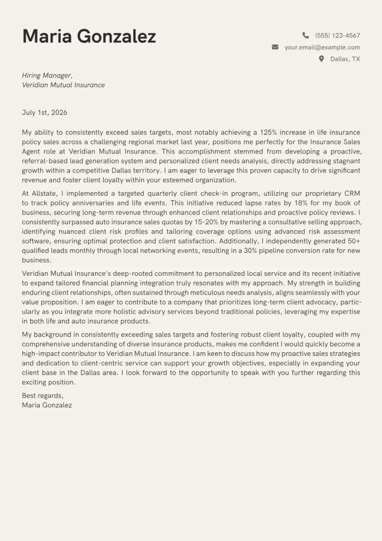 Insurance Sales Agent Cover Letter Example