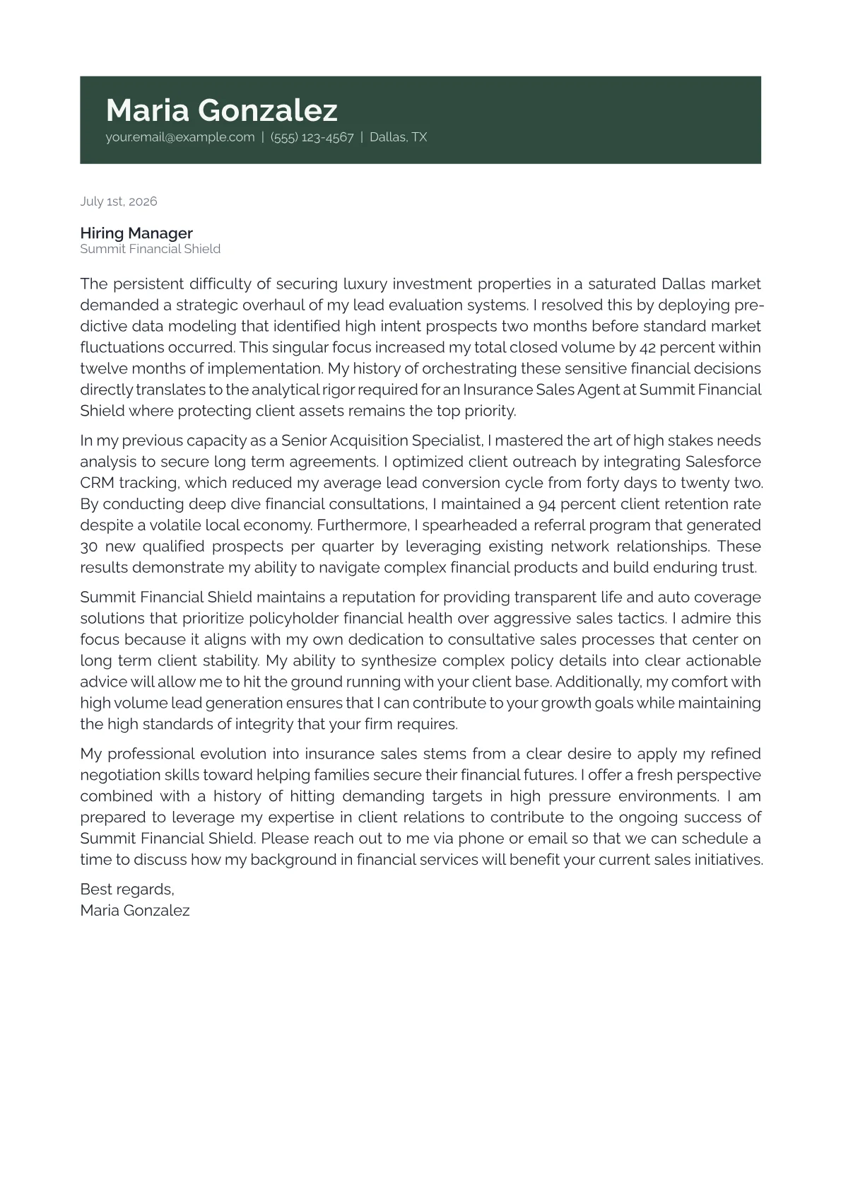 Insurance Sales Agent cover letter in the Banner design
