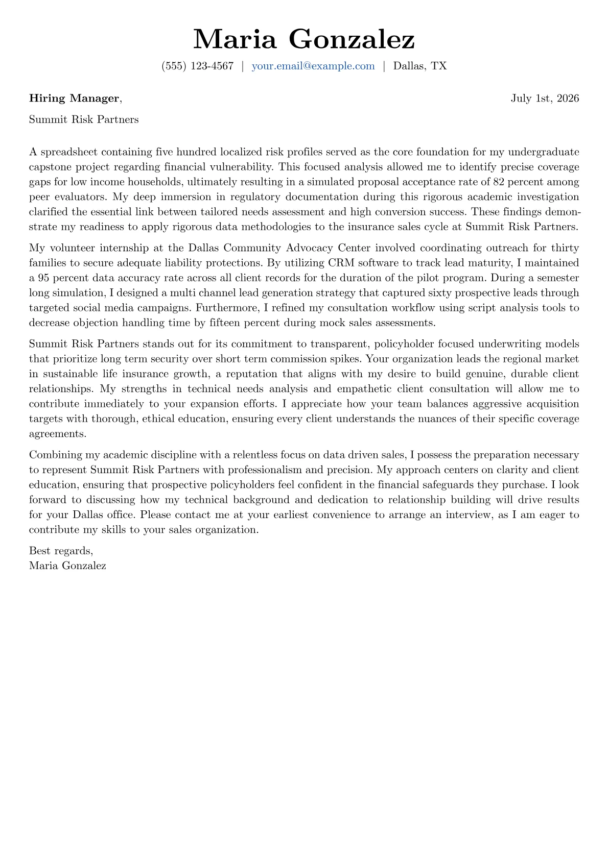 Insurance Sales Agent cover letter in the Basic design