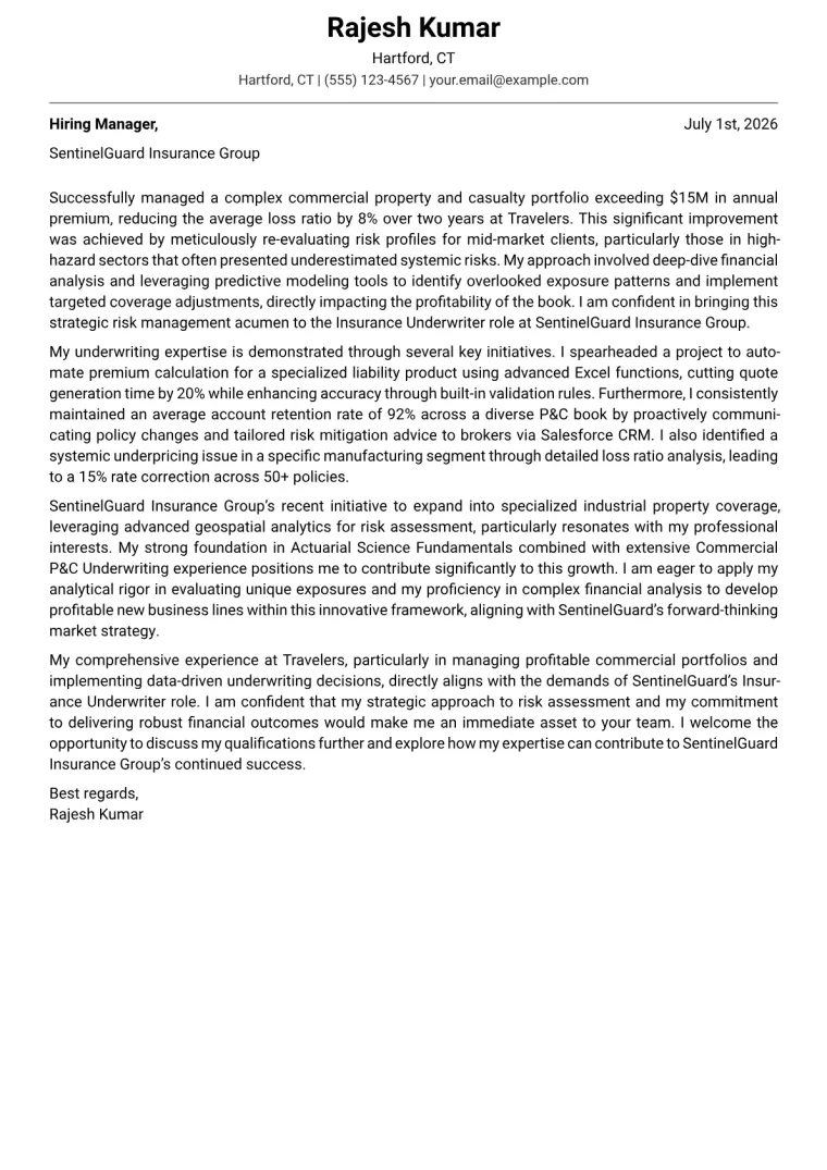 Insurance Underwriter cover letter example preview