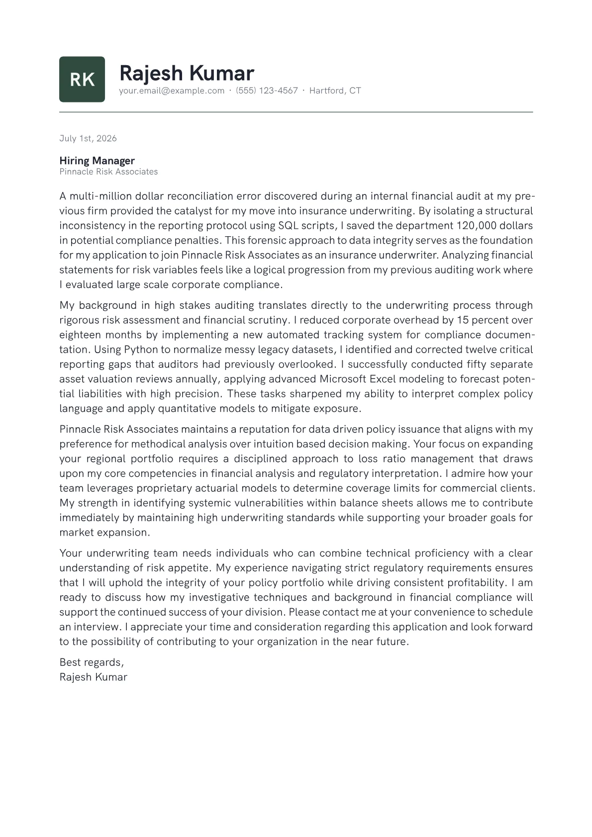 Insurance Underwriter cover letter in the Emblem design