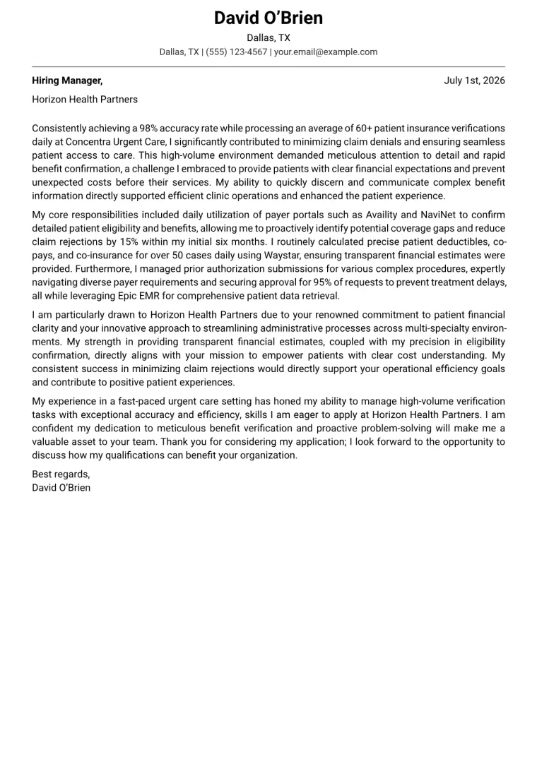 Insurance Verification Specialist cover letter example preview