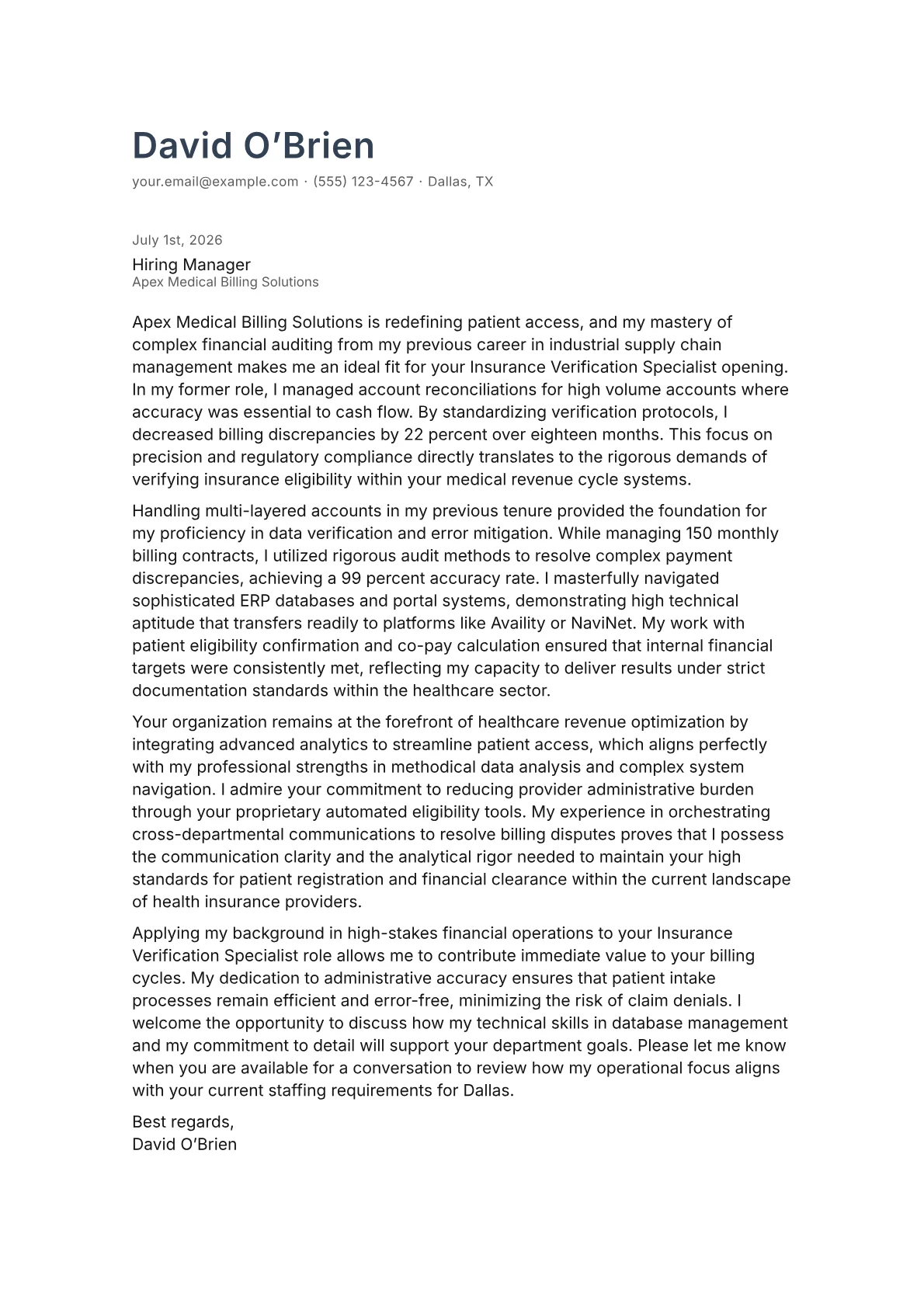 Insurance Verification Specialist cover letter in the Minimal design