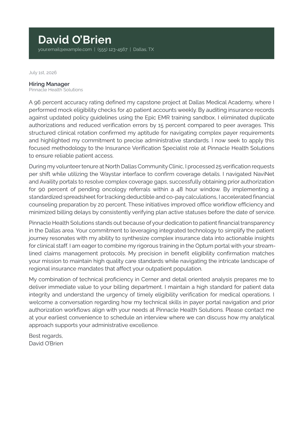 Insurance Verification Specialist cover letter in the Banner design