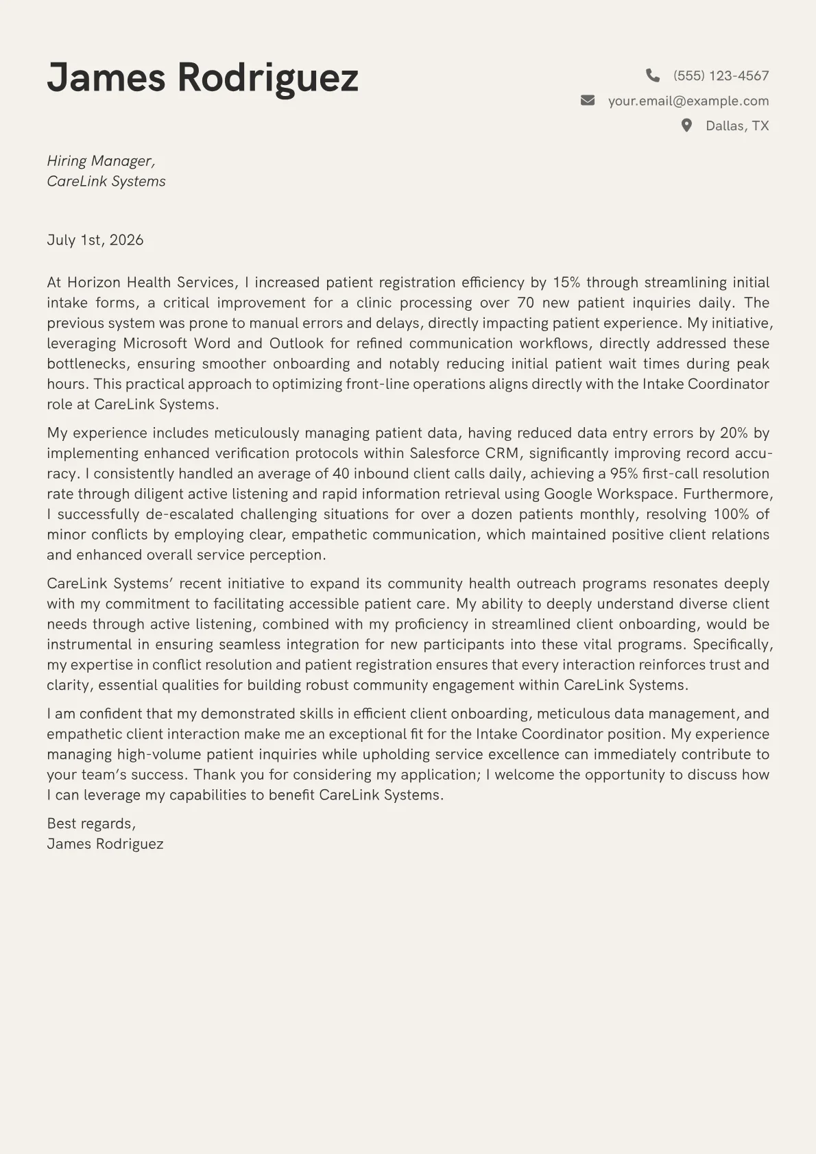 Intake Coordinator cover letter formatted with a JobSprout template