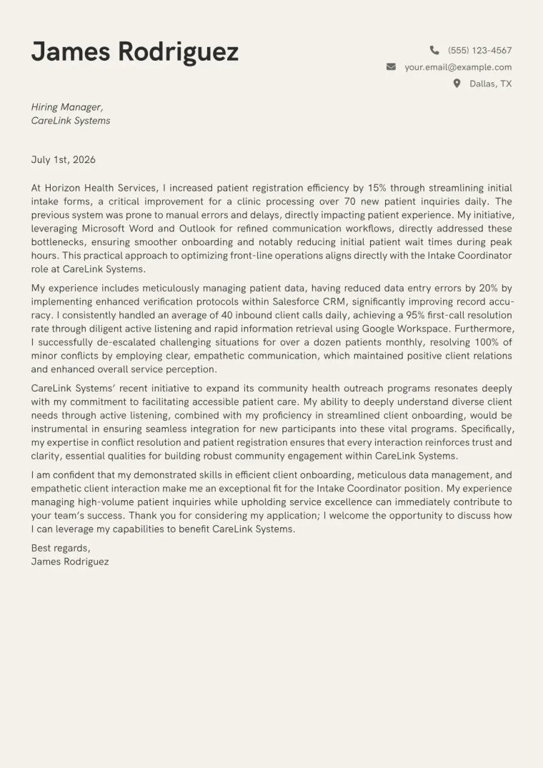 Intake Coordinator cover letter example preview