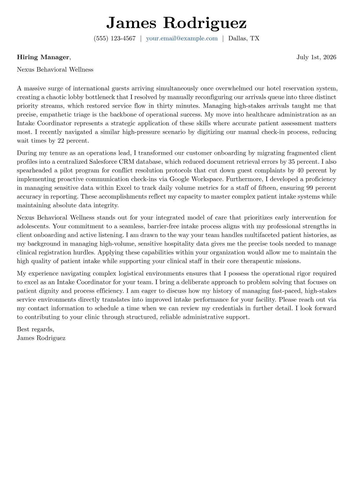 Intake Coordinator cover letter in the Basic design