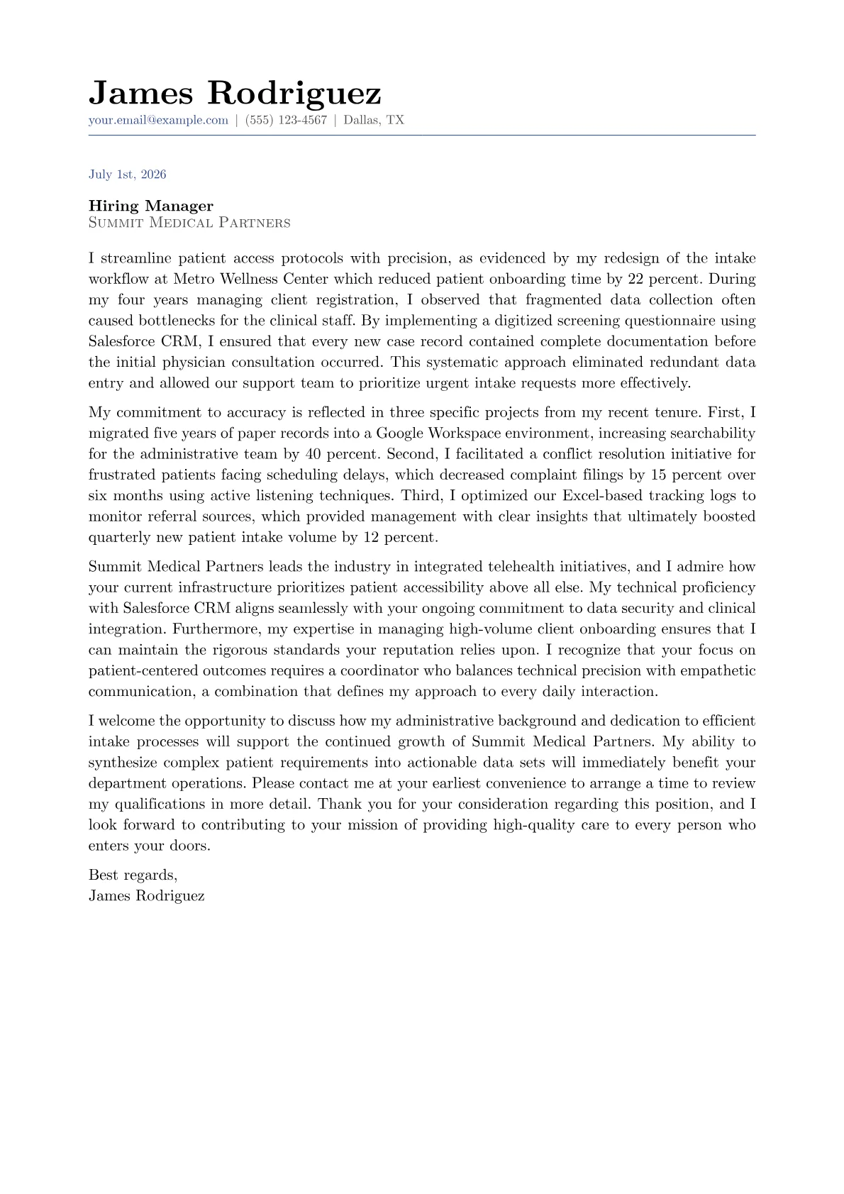 Intake Coordinator cover letter in the Classic design