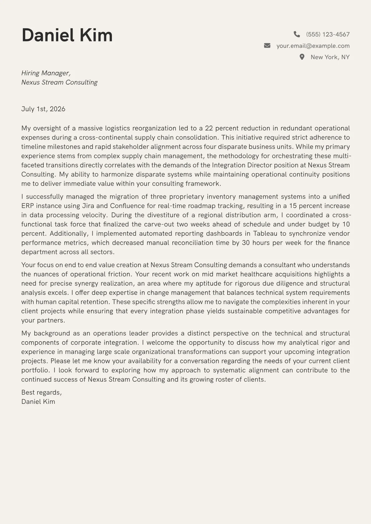 Integration Director cover letter in the Creative design