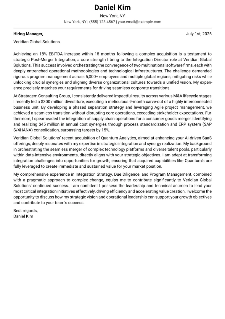 Integration Director Cover Letter Example
