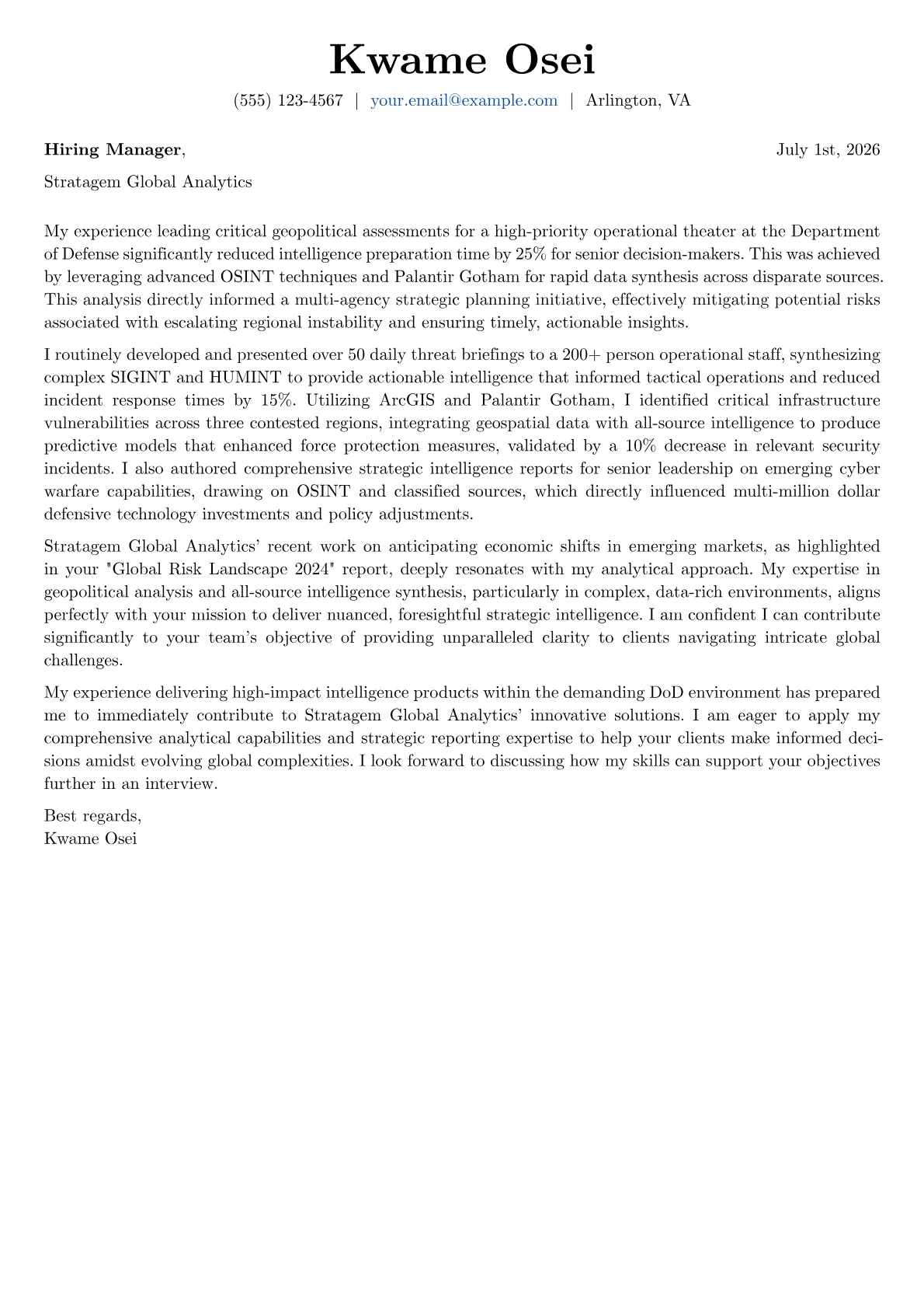 Intelligence Analyst cover letter formatted with a JobSprout template