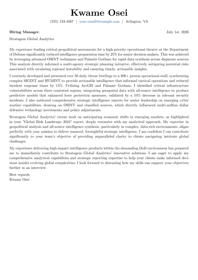 Intelligence Analyst cover letter example