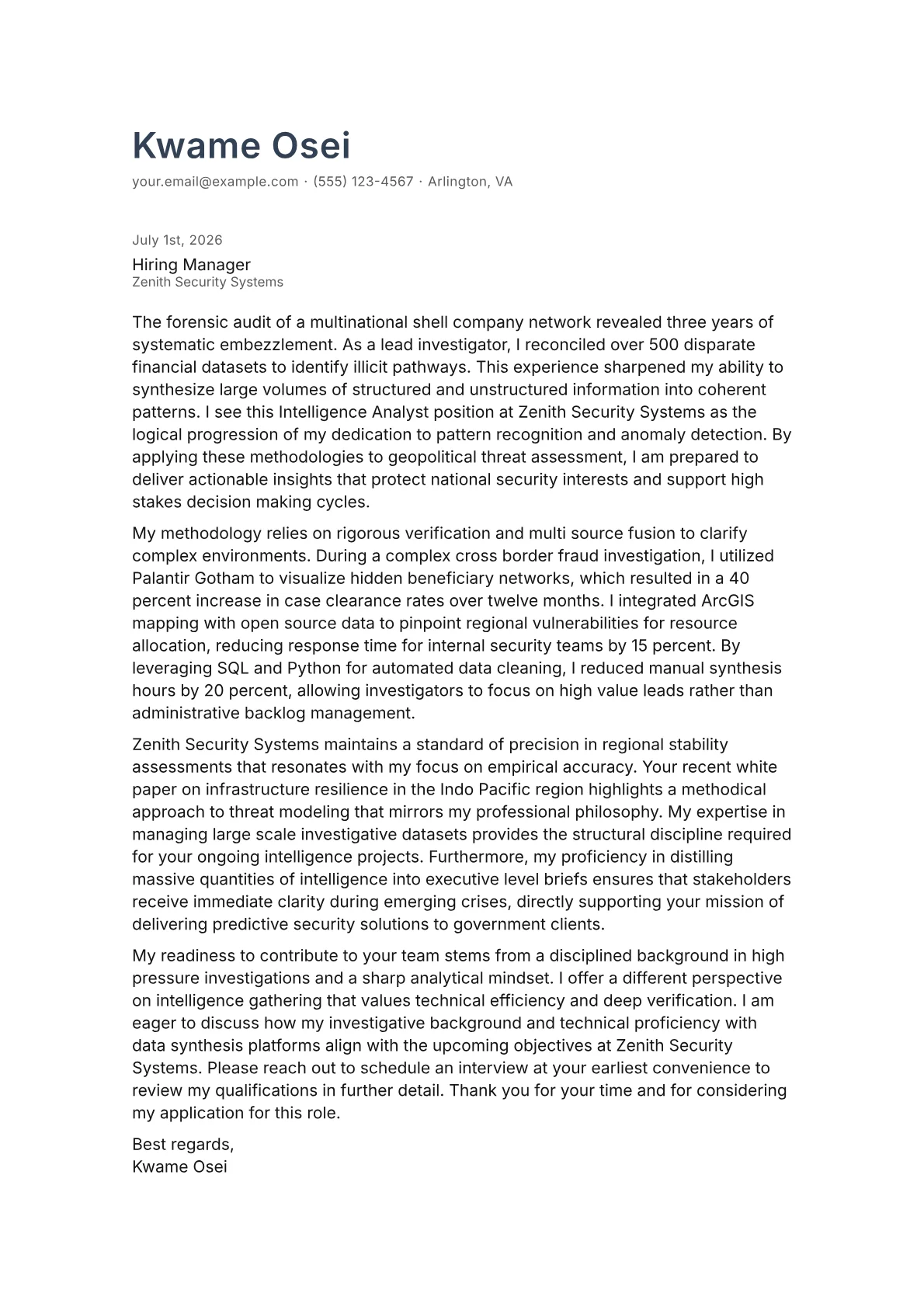 Intelligence Analyst cover letter in the Minimal design
