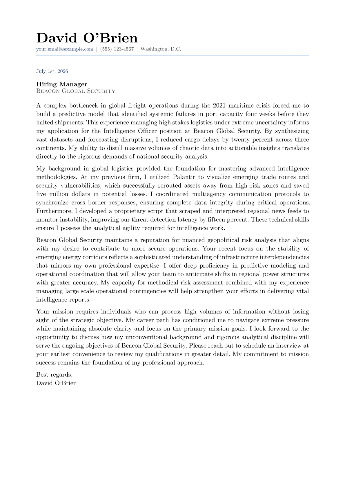 Intelligence Officer cover letter in the Classic design