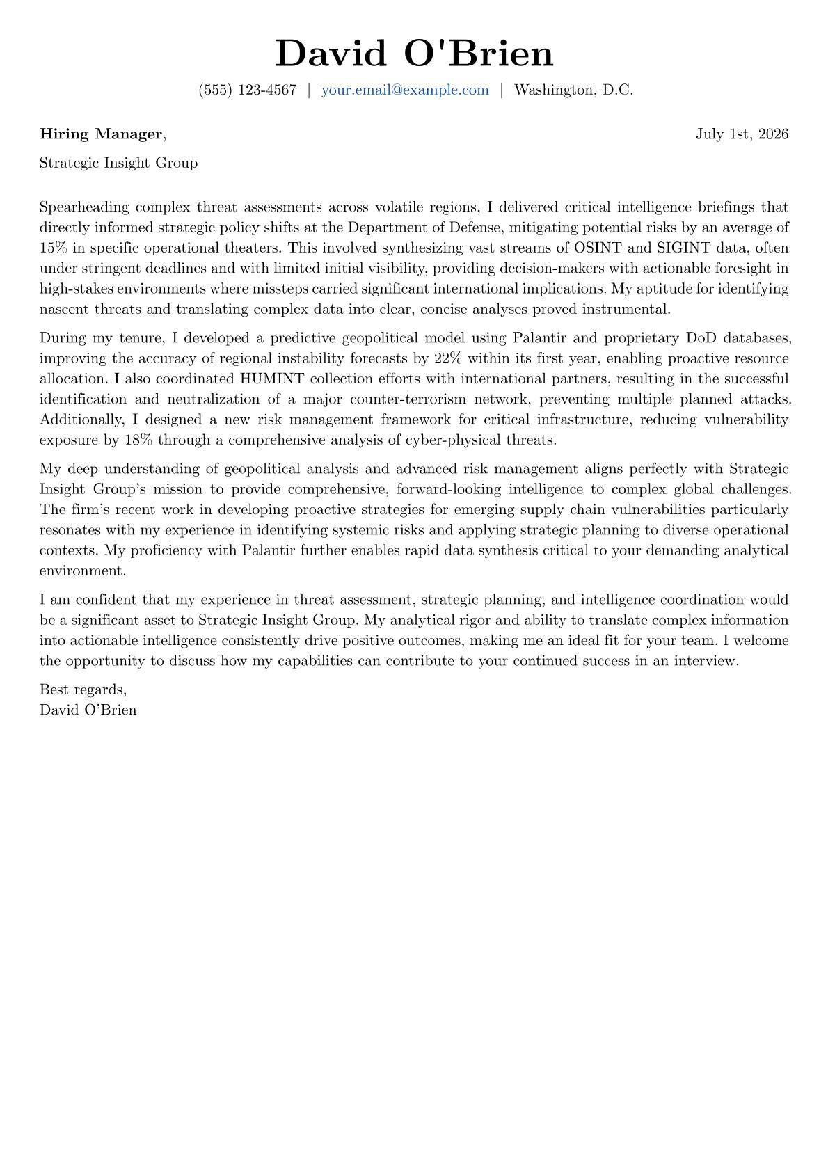 Intelligence Officer cover letter formatted with a JobSprout template