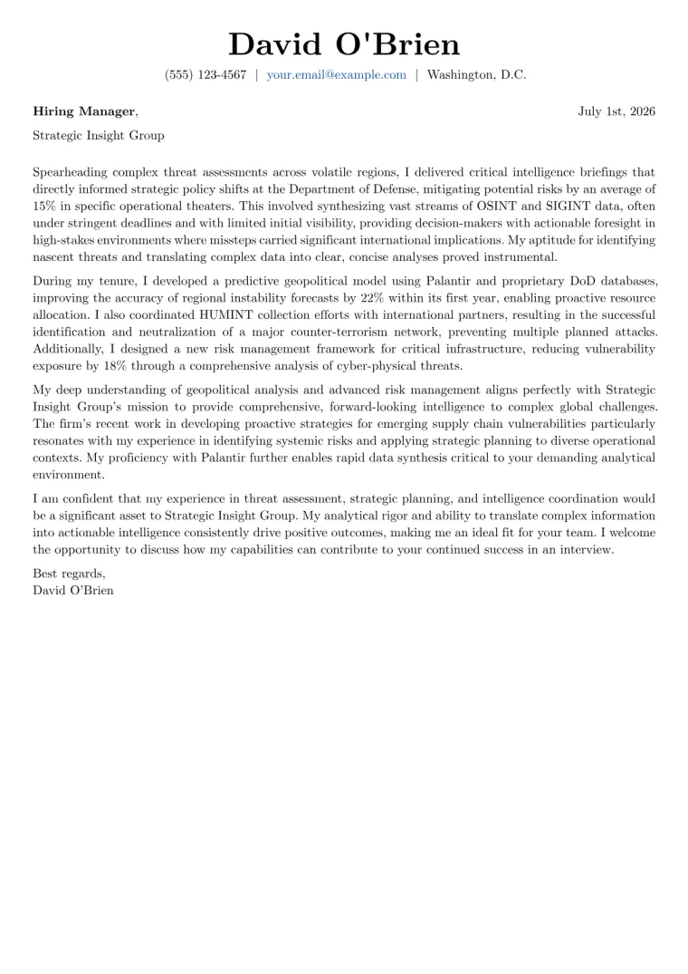 Intelligence Officer Cover Letter Example
