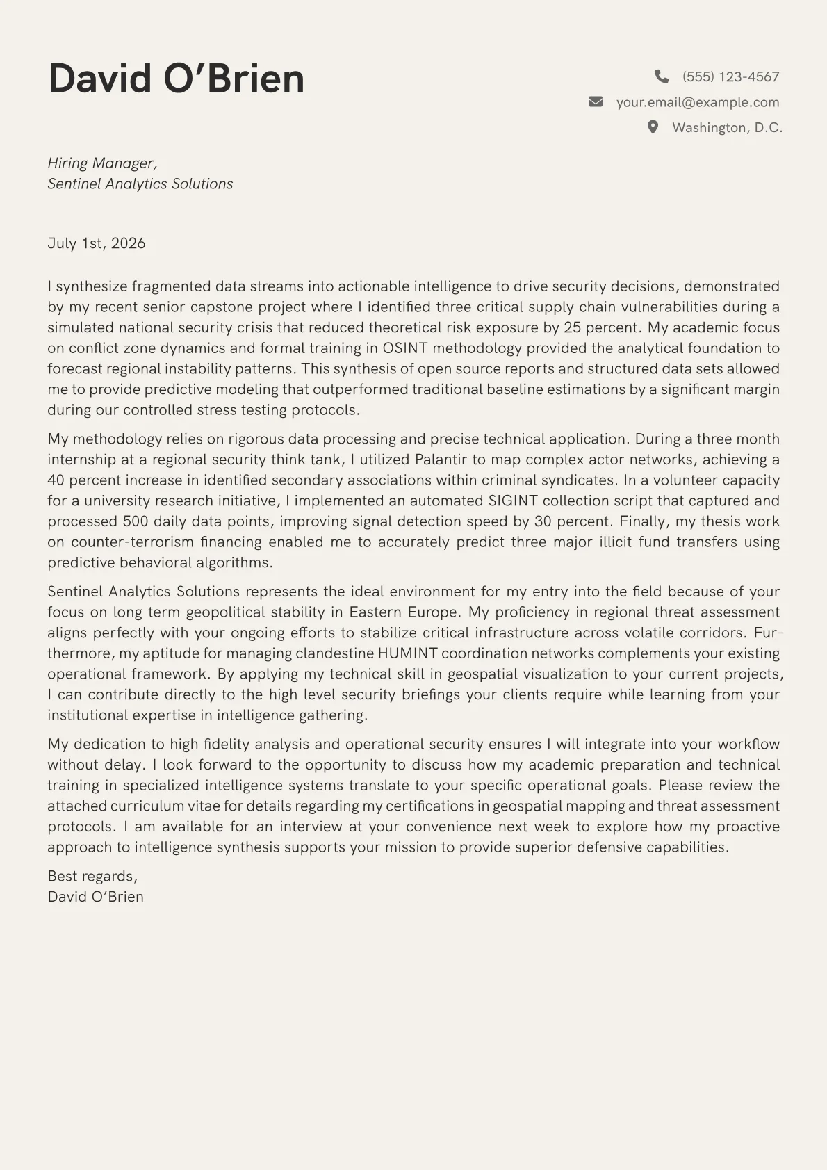 Intelligence Officer cover letter in the Creative design