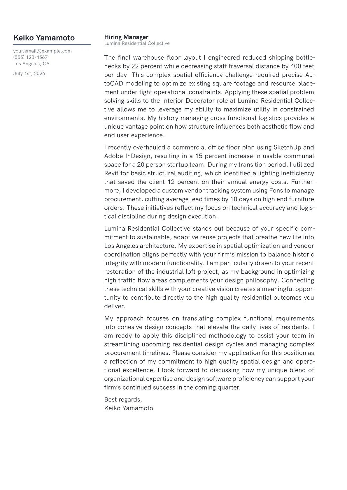 Interior Decorator cover letter in the Margin design