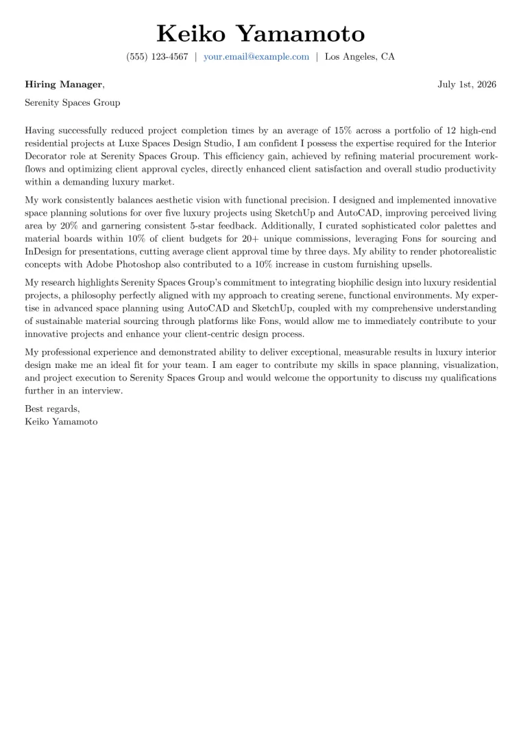 Interior Decorator Cover Letter Example