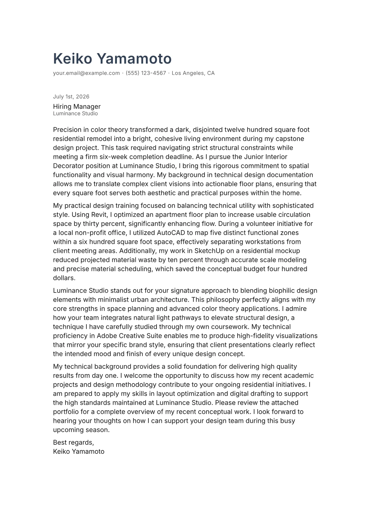 Interior Decorator cover letter in the Minimal design