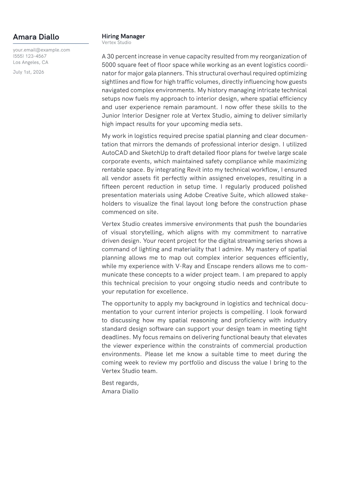 Interior Design cover letter in the Margin design