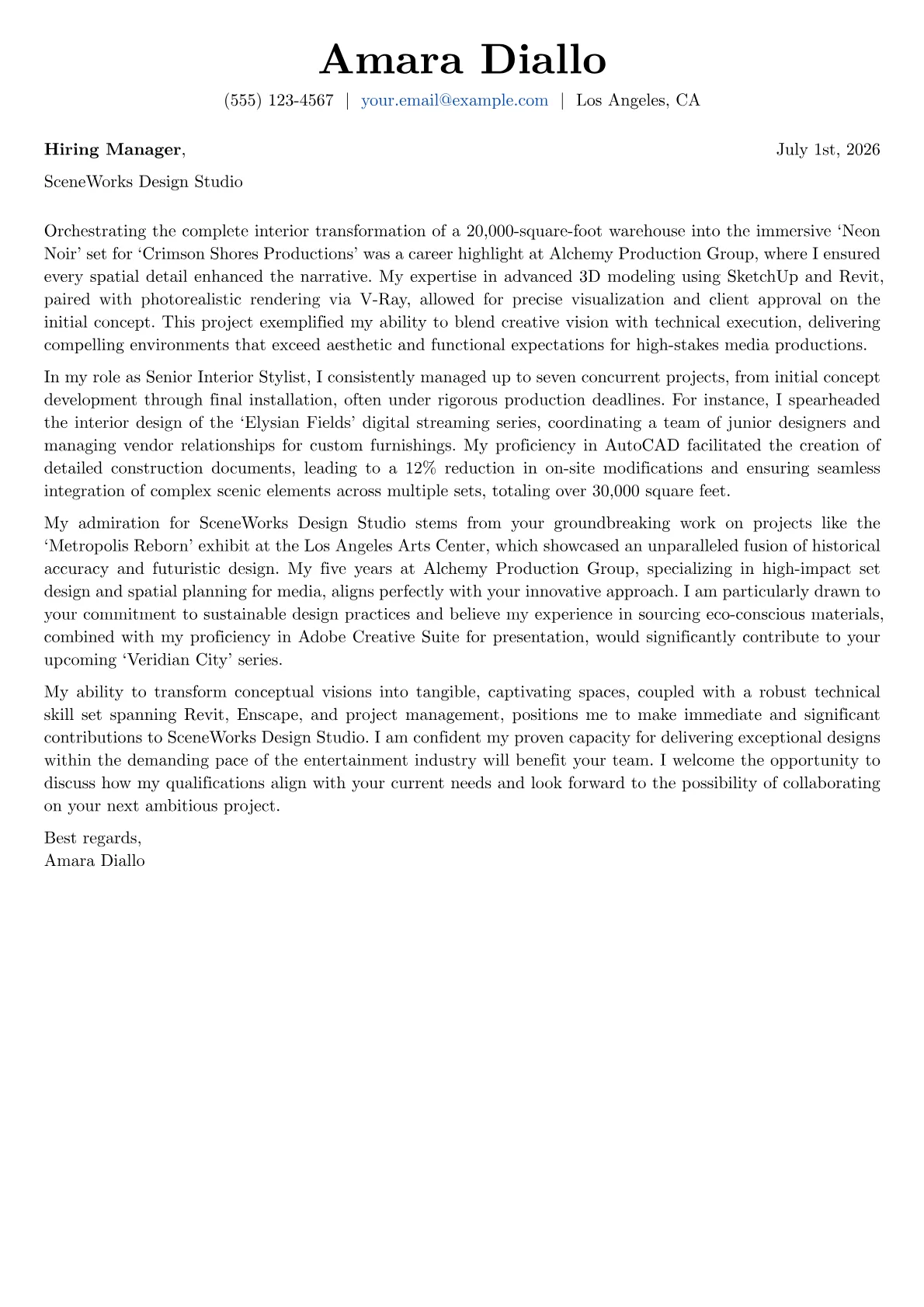 Interior Design cover letter formatted with a JobSprout template