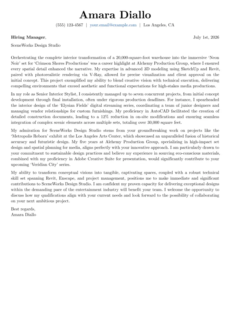 Interior Design cover letter example preview