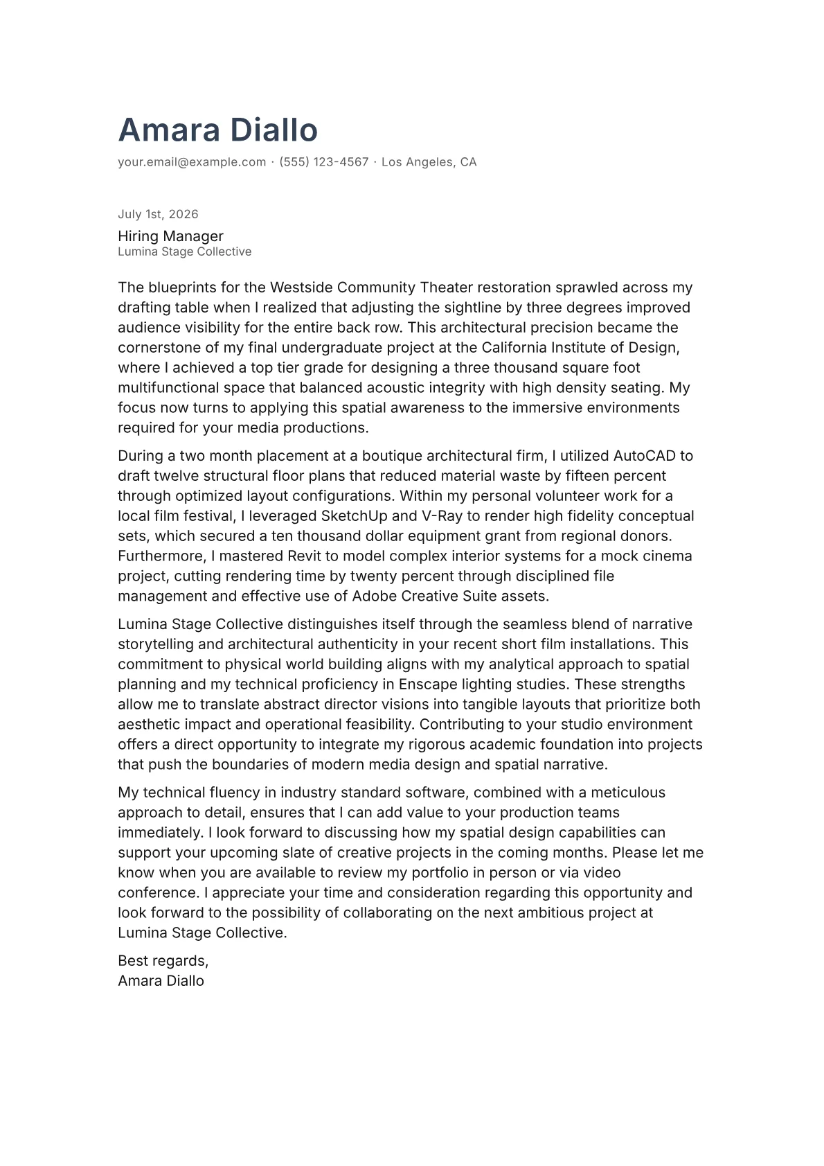 Interior Design cover letter in the Minimal design