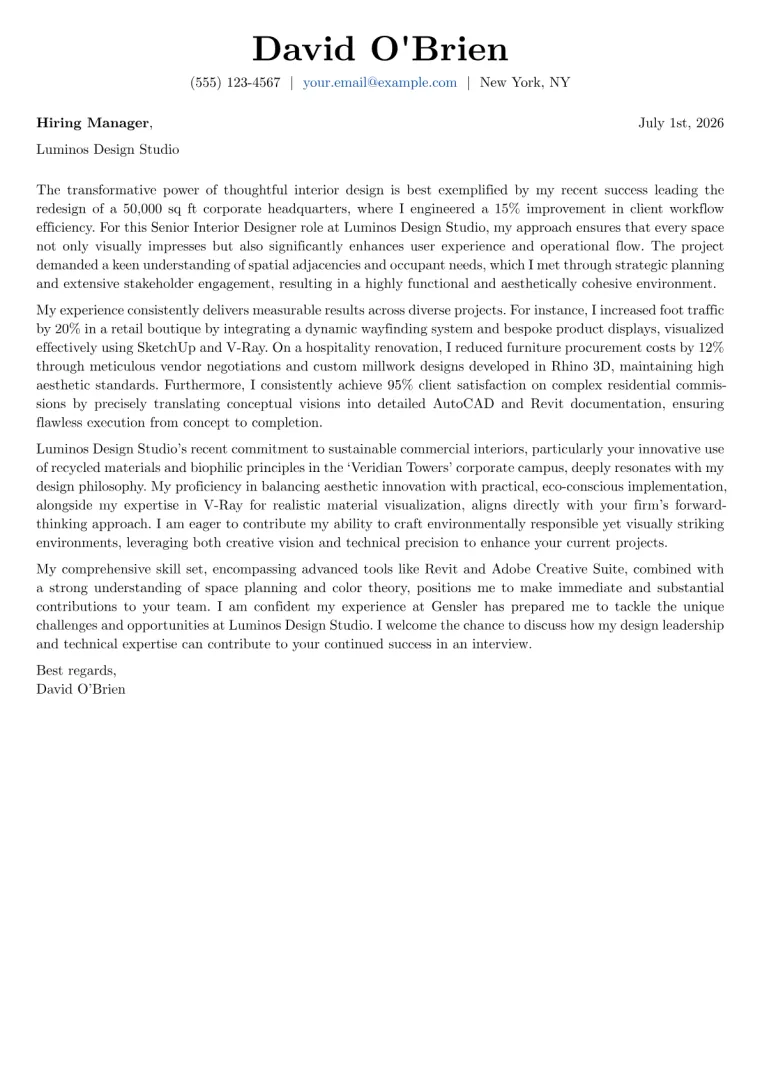 Interior Designer Cover Letter Example