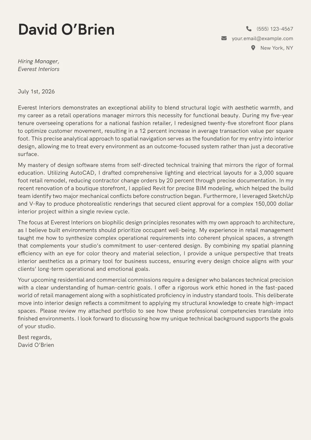 Interior Designer cover letter in the Creative design
