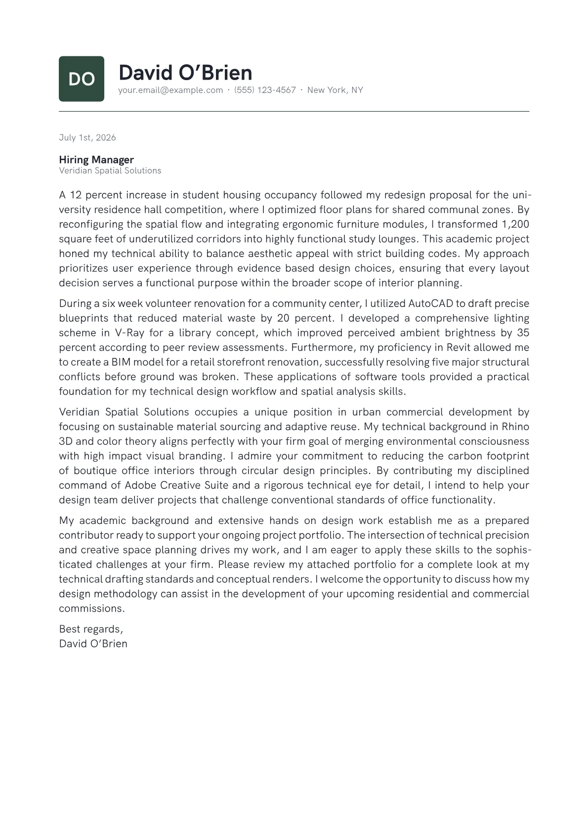 Interior Designer cover letter in the Emblem design