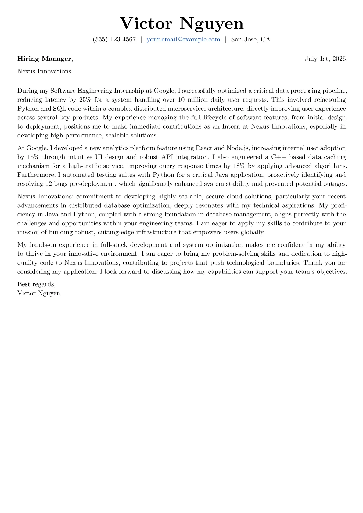 Intern cover letter formatted with a JobSprout template
